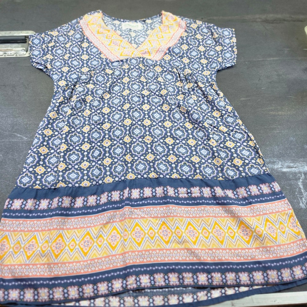 Aventura Women XS Blue Orange Geometric Tile Print V-Neck Tencel Modal Tunic $89